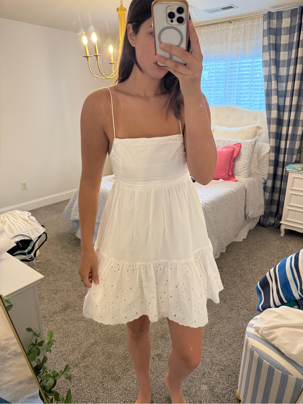 En Saison White Eyelet Mini Dress with Spaghetti Straps